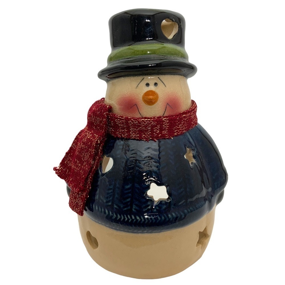 Old World Snowman Candle Votive Holder Glazed Clay Pottery Pierced Cut Outs NWT